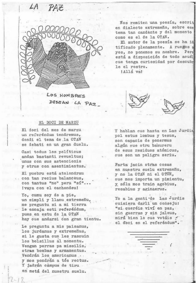 Reflection written in Estumñu by a student of Nuñomoral, about the NATO referendum. Excerpt from the Brozo y Pizarra school newspaper (n.2 - 018), 1986.