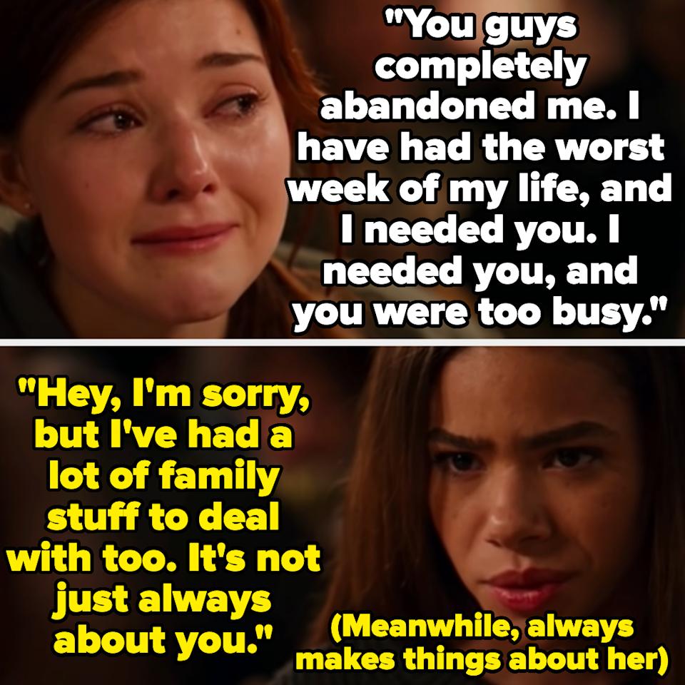 Abby tells her friends they abandoned her when she needed them, and Ginny tells her she's making things about her