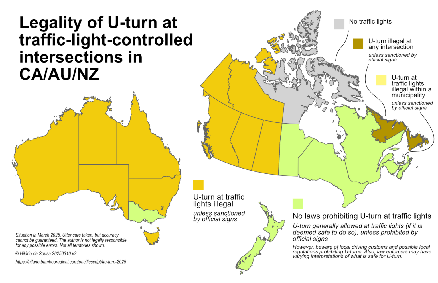 [OC] Legality of U-turn at traffic lights in CA / AU / NZ