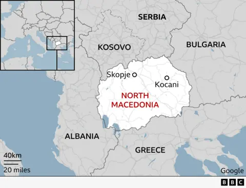 A map of North Macedonia showing the location of Kocani and the capital, Skopkje