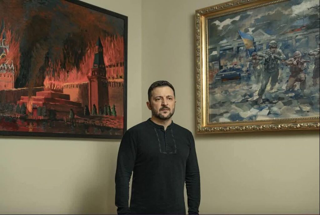"Kremlin Engulfed in Fire" - painting in Zelensky's office was created by Georgian artist Alexander (Sandro) Antadze