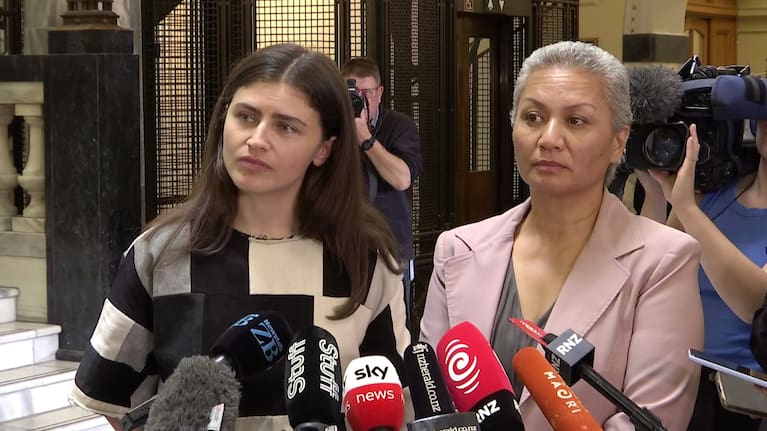 Green co-leaders Chlöe Swarbrick and Marama Davidson speak at a press conference on March 31, 2025.