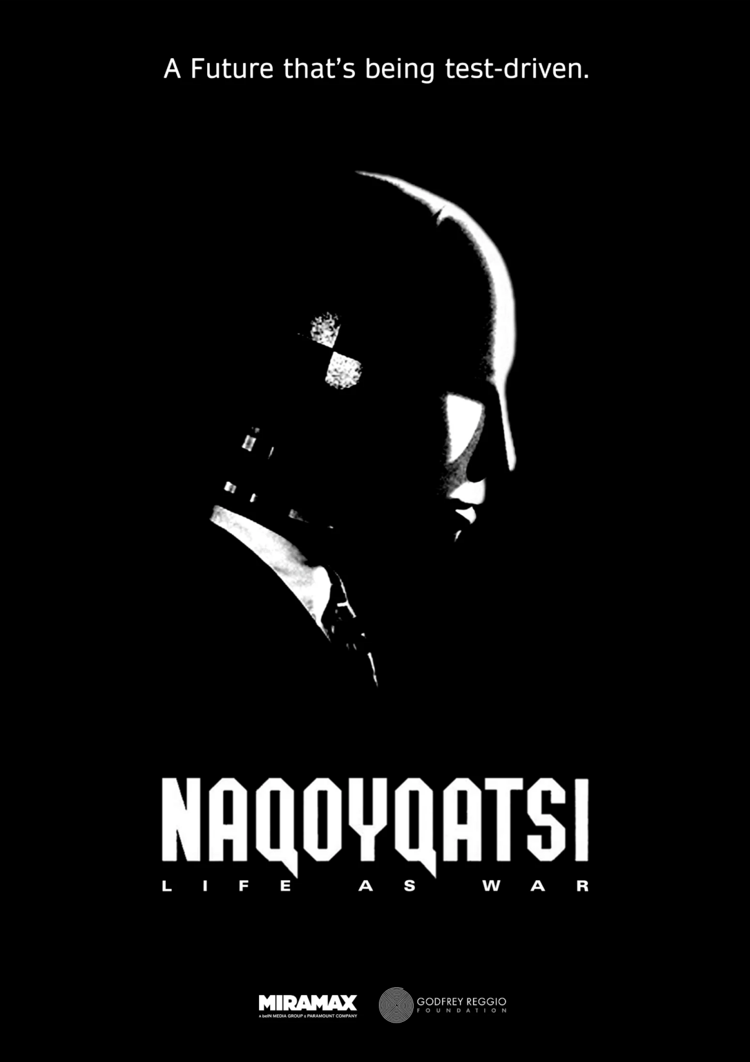 An unofficial, sortof black-background-minimalist 2025 poster for the 2002 artistic documentary film 'Naqoyqatsi' ("life as war"), a film of the Qatsi trilogy about life and society