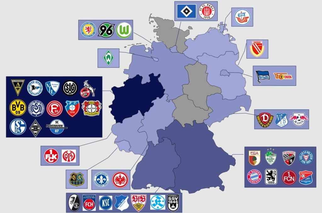 Map of all the German football clubs and their respective cities that have competed in the Bundesliga from 1990 to the present (Since the East, West reunification). (Source: Wiki)