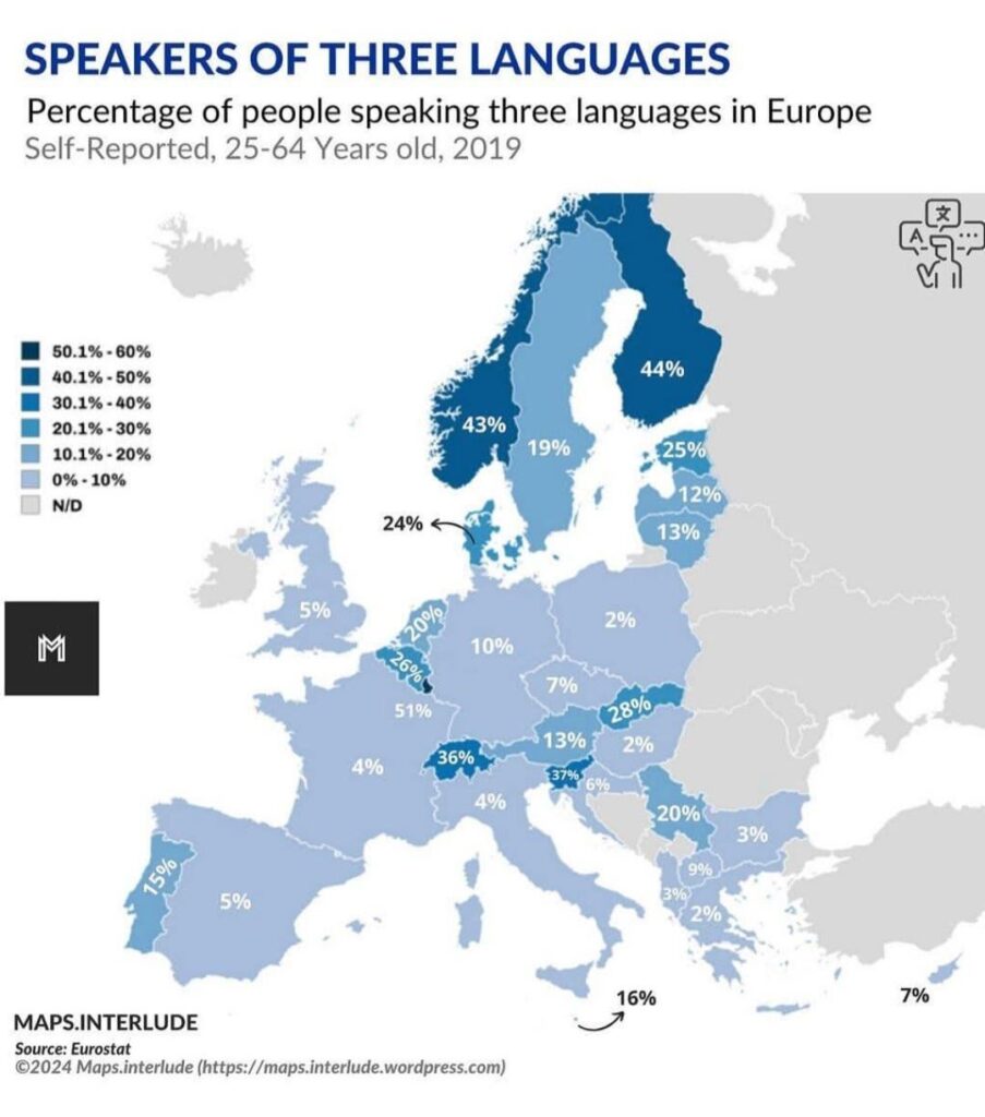 Interesting map of Europeans speaking at least 3 languages