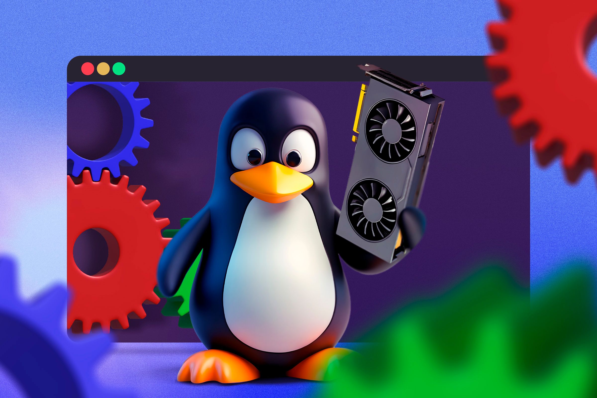 Linux mascot holding a GPU with some gears in the background.