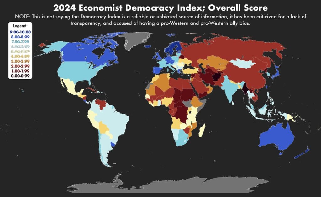 [OC] The Economist's Democracy Index has released scores for 2024, these are maps showing the overall score by country, the scores for the Index's five categories by country, and the change in overall score since 2023.