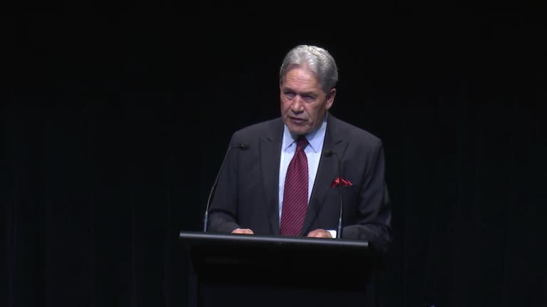 NZ First leader Winston Peters speaks at the James Hay Theatre in Christchurch.