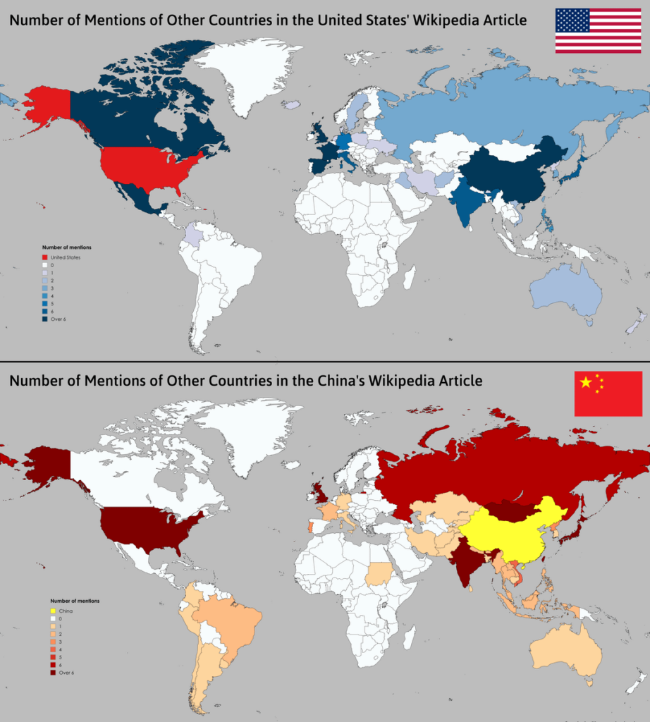 Number of Mentions of Other Countries in the United States' and China's Wikipedia Articles [OC]