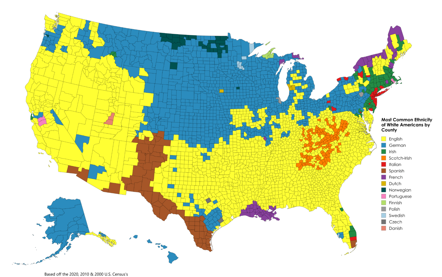 Most common ethnicity of White Americans by county [OC]