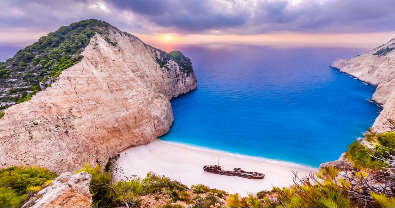 Navagio Beach at sunset, Zakynthos Island, Greece
