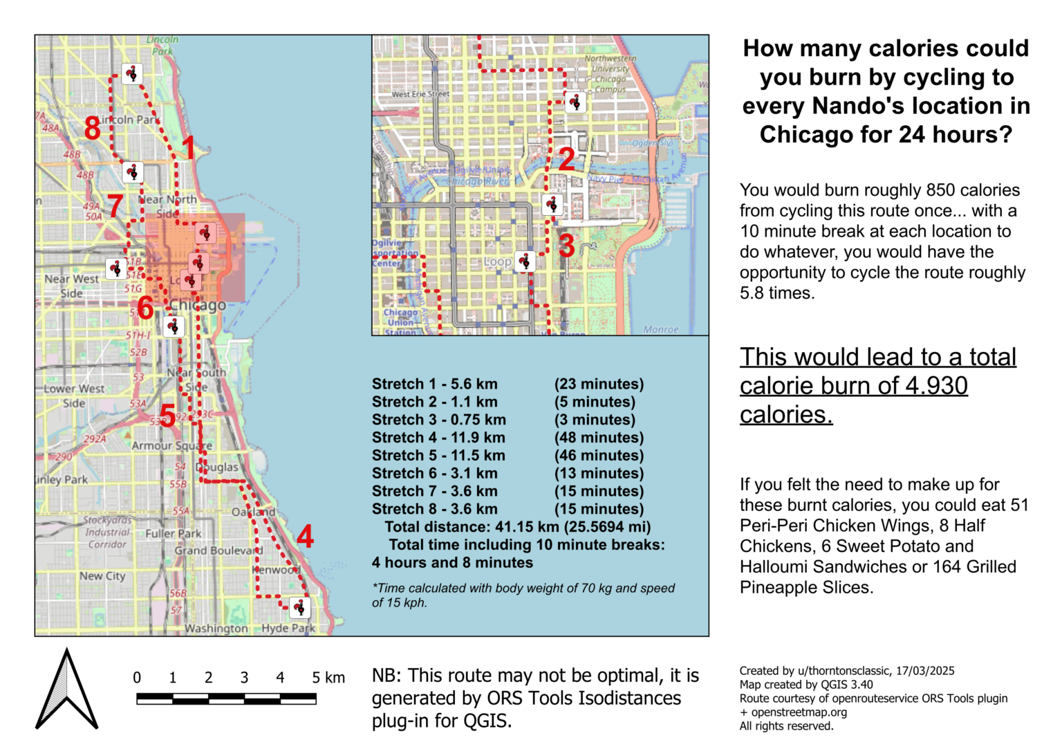 How many calories could be burnt by cycling to every Nando's location in Chicago for 24 hours [OC]
