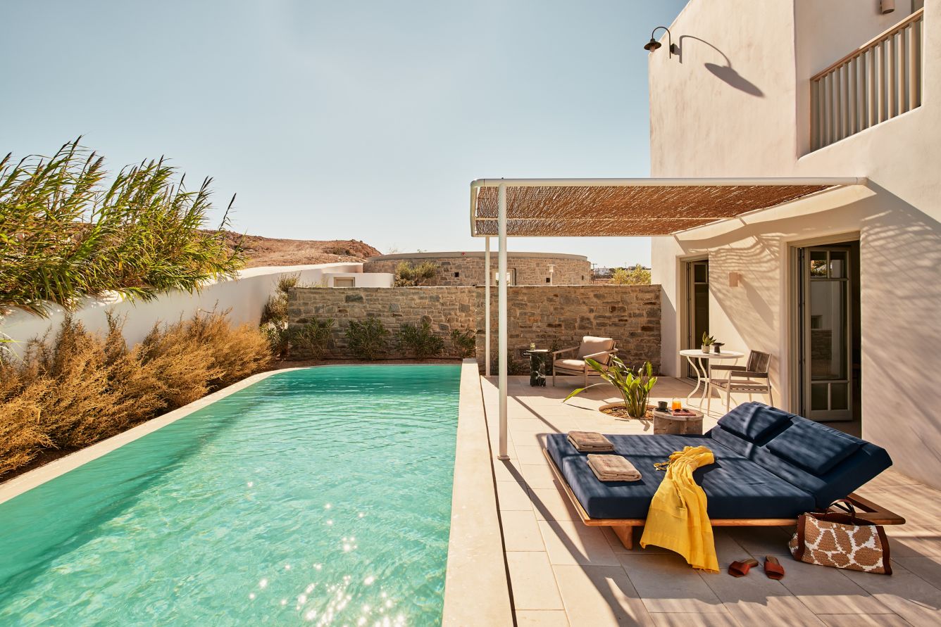 Private pool and patio at the Cosme Hotel in Paros, Greece.