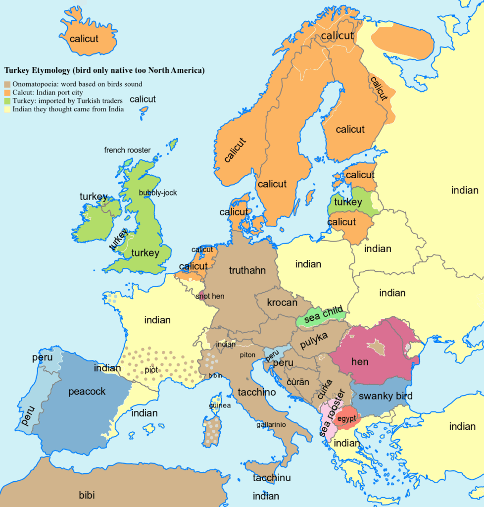 Origin of word for the bird Turkey in European languages [OC]