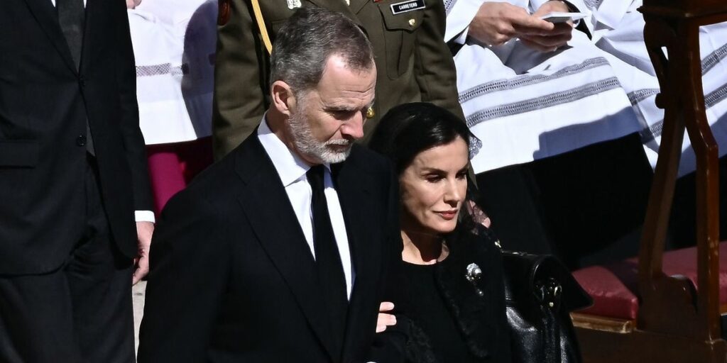 King Felipe and Queen Letizia look solemn as they attend Pope Francis's funeral