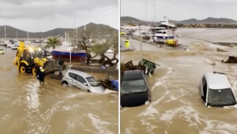 Cars submerged after torrential rain hits Greek island of Paros – video