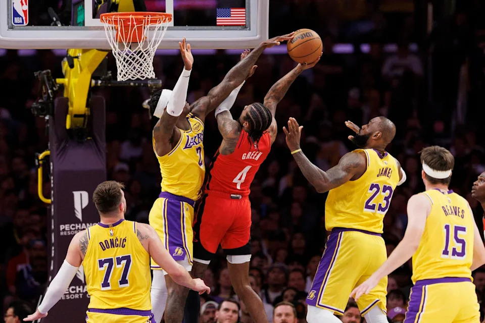 Lakers forward Jarred Vanderbilt blocks a shot by Houston Rockets guard Jalen Green in the first half Friday.