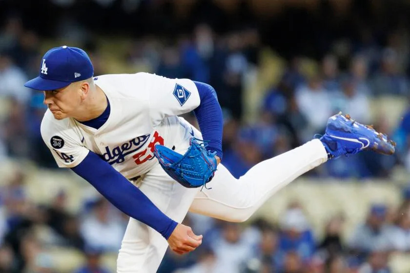 LOS ANGELES, CA - APRIL 16, 2025: Los Angeles Dodgers pitcher Bobby Miller (28) throws against the Colorado Rockies in the first inning at Dodgers Stadium on April 16, 2025 in Los Angeles, California.(Gina Ferazzi / Los Angeles Times)