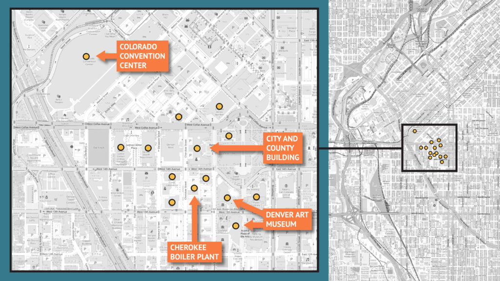 A map of downtown Denver with 14 city-owned buildings that could be part of a geothermal energy network