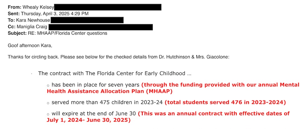 Screenshot from an email between Suncoast Searchlight and SCS staff