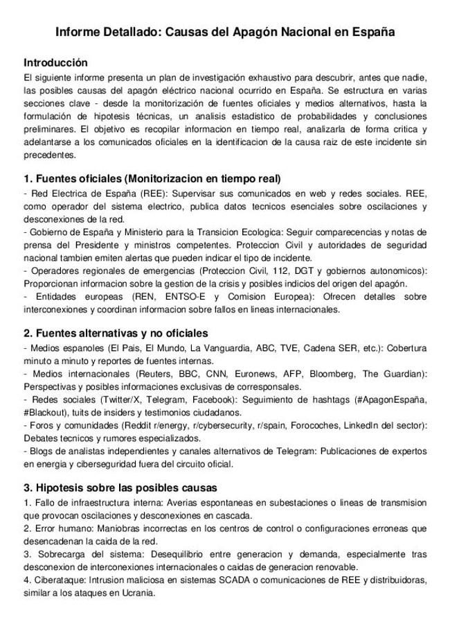 Independent and exhaustive report: possible causes of the great blackout on the peninsula