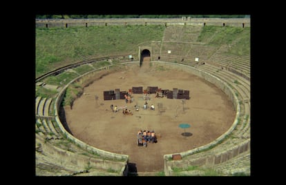 Full view of the group playing in the Roman amphitheater.