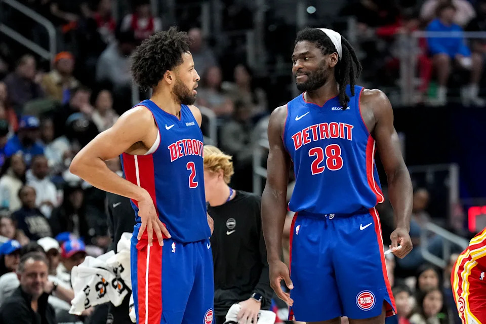 DETROIT, MICHIGAN - NOVEMBER 08: Cade Cunningham #2 and Isaiah Stewart #28 of the Detroit Pistons look at each other against the Atlanta Hawks at Little Caesars Arena on November 08, 2024 in Detroit, Michigan. NOTE TO USER: User expressly acknowledges and agrees that, by downloading and or using this photograph, User is consenting to the terms and conditions of the Getty Images License Agreement. (Photo by Nic Antaya/Getty Images)