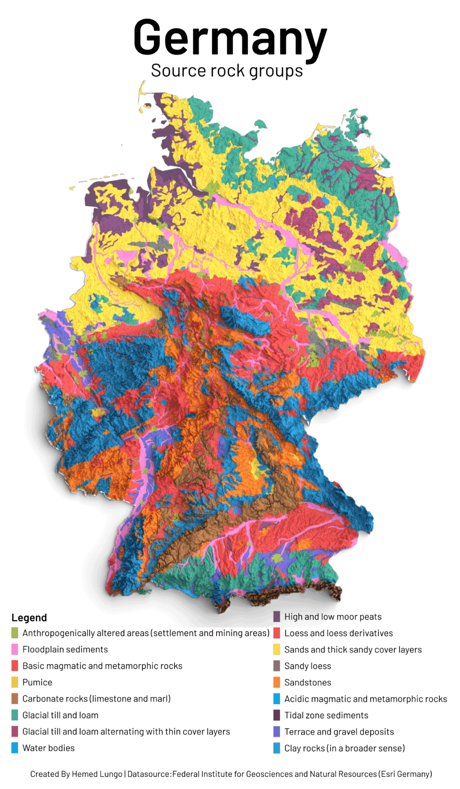 [OC] A Map showing Source rock groups in Germany 🇩🇪 🗺️

Rock type map created on Qgis and Blender Softwares ,Data source from Federal Institute for Geosciences and Natural Resources (Living Atlas) and Esri Germany