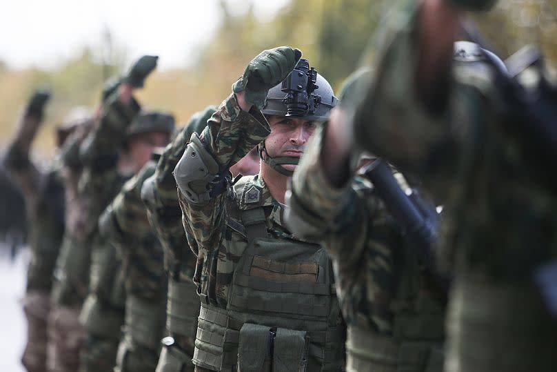 Members of the Greek army take part in the military parade at the northern port city of Thessaloniki, 28 October, 2022