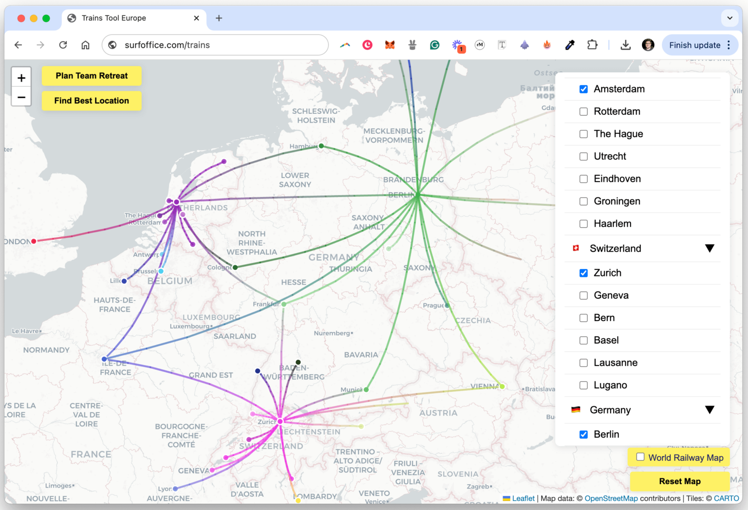I made a tool to find where to meet your friends by DIRECT train [OC]
