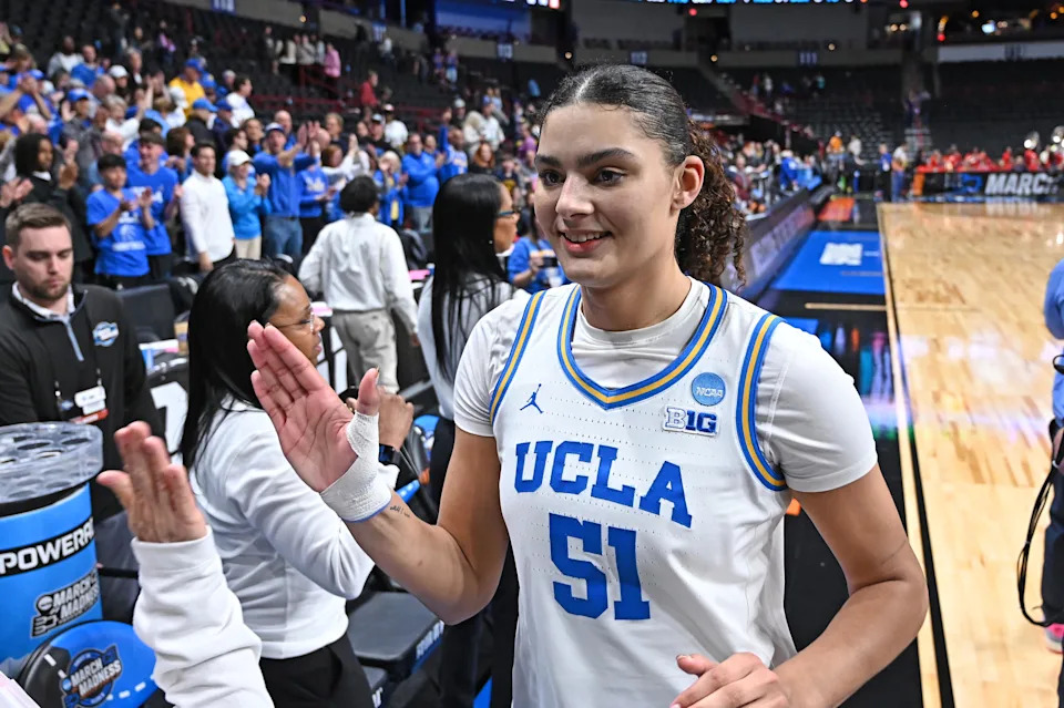 UCLA Bruins center Lauren Betts walks off the court during a Sweet 16 NCAA Tournament basketball game against the Ole Miss Rebels.