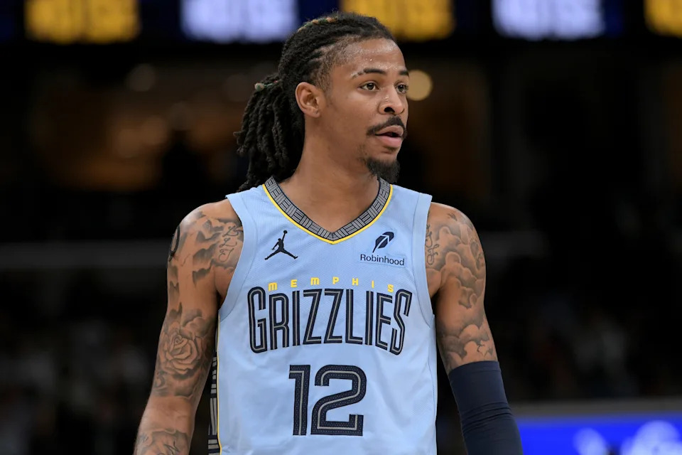 Memphis Grizzlies guard Ja Morant (12) plays in the second half of an NBA basketball game against the Boston Celtics Monday, March 31, 2025, in Memphis, Tenn. (AP Photo/Brandon Dill)
