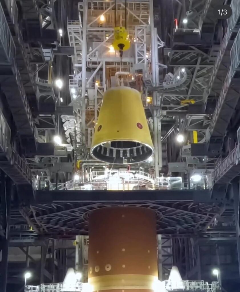 Launch Vehicle Stage Adapter stacked on Artemis II SLS [images posted to Instagram by NASA Astronaut Christina Koch]