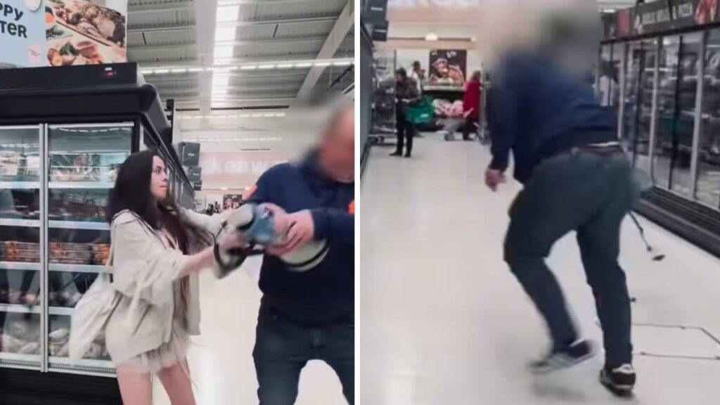 Moment angry shopper smashes megaphone of vegan activists berating customers for buying Easter lamb