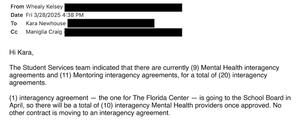 Screenshot from an email between Suncoast Searchlight and SCS staff