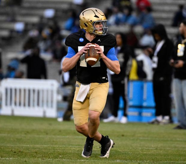 Quarterback Colton Gumino #17 of the UCLA Bruins during UCLA...