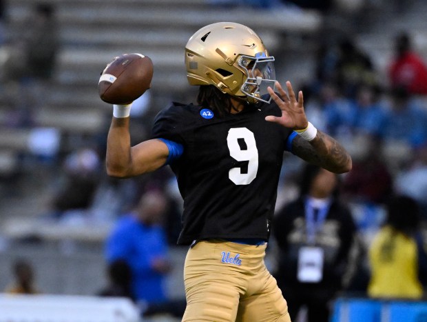 Quarterback Dermaricus Davis #9 of the UCLA Bruins during UCLA...