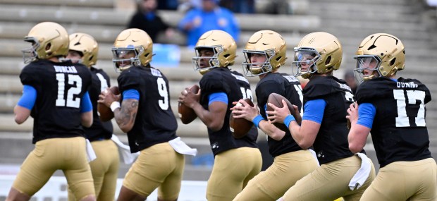 UCLA Bruins quarterbacks during UCLA football Friday Night Lights spring...
