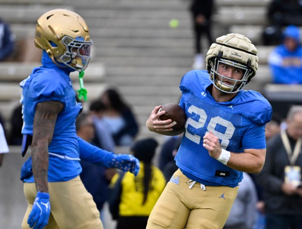 Tight end Jack Pedersen #28 of the UCLA Bruins during...