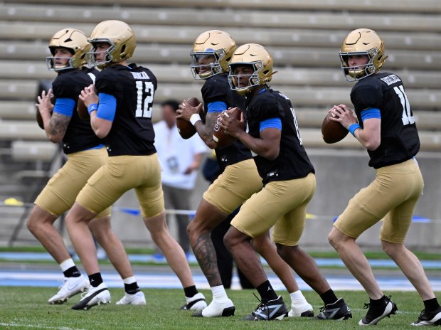 UCLA Bruins quarterbacks during UCLA football Friday Night Lights spring...