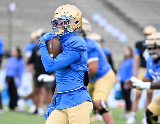 Wide receiver Kwazi Gilmer #3 of the UCLA Bruins during...