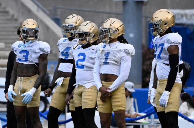 UCLA Bruins defense during UCLA football Friday Night Lights spring...