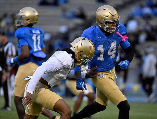 Defensive back Kanye Clark #1 of the UCLA Bruins with...