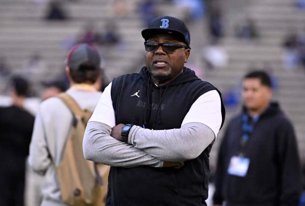 Defensive Line Coach Jethro Franklin of the UCLA Bruins during...