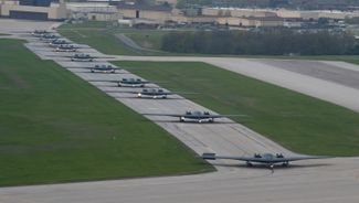 American B-2 Spirit strategic bombers, capable of carrying both conventional and nuclear weapons, at a military equipment parade in April 2024