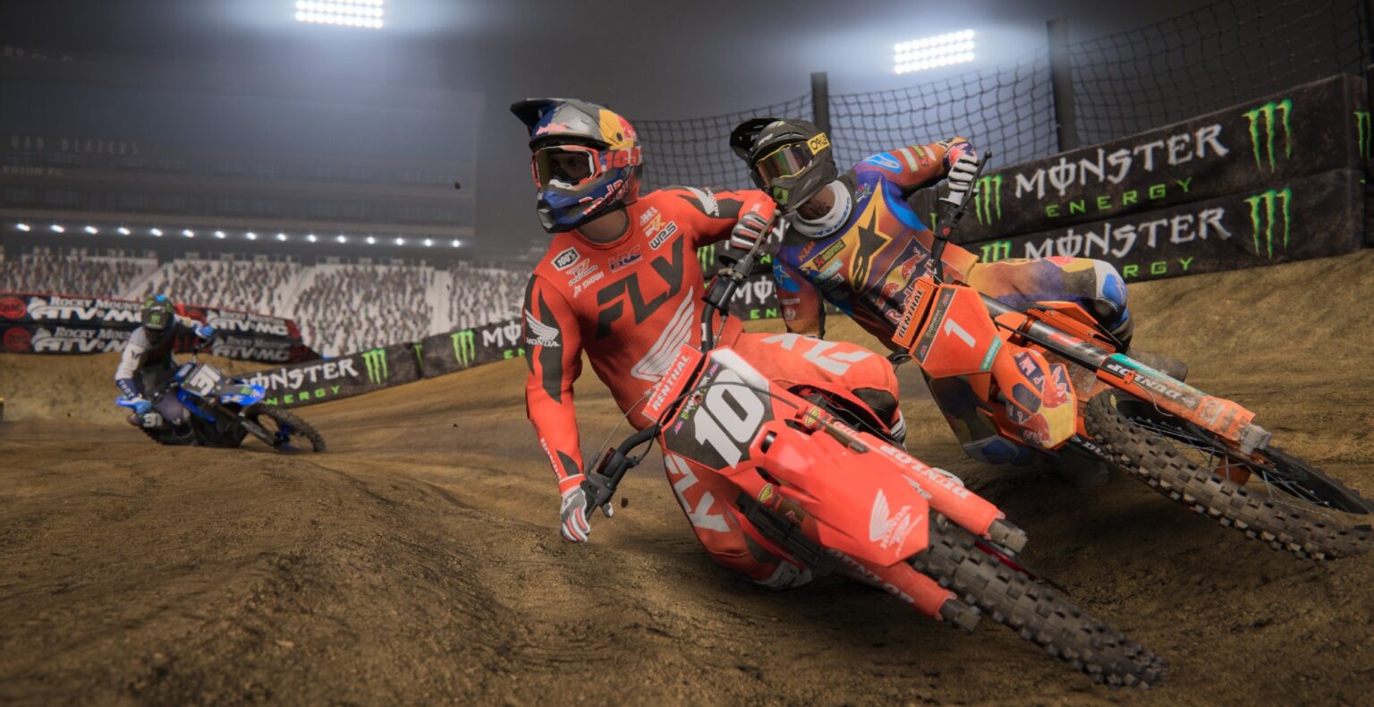 My custom character in a race in Monster Energy Supercross 25 against Chance Hymas