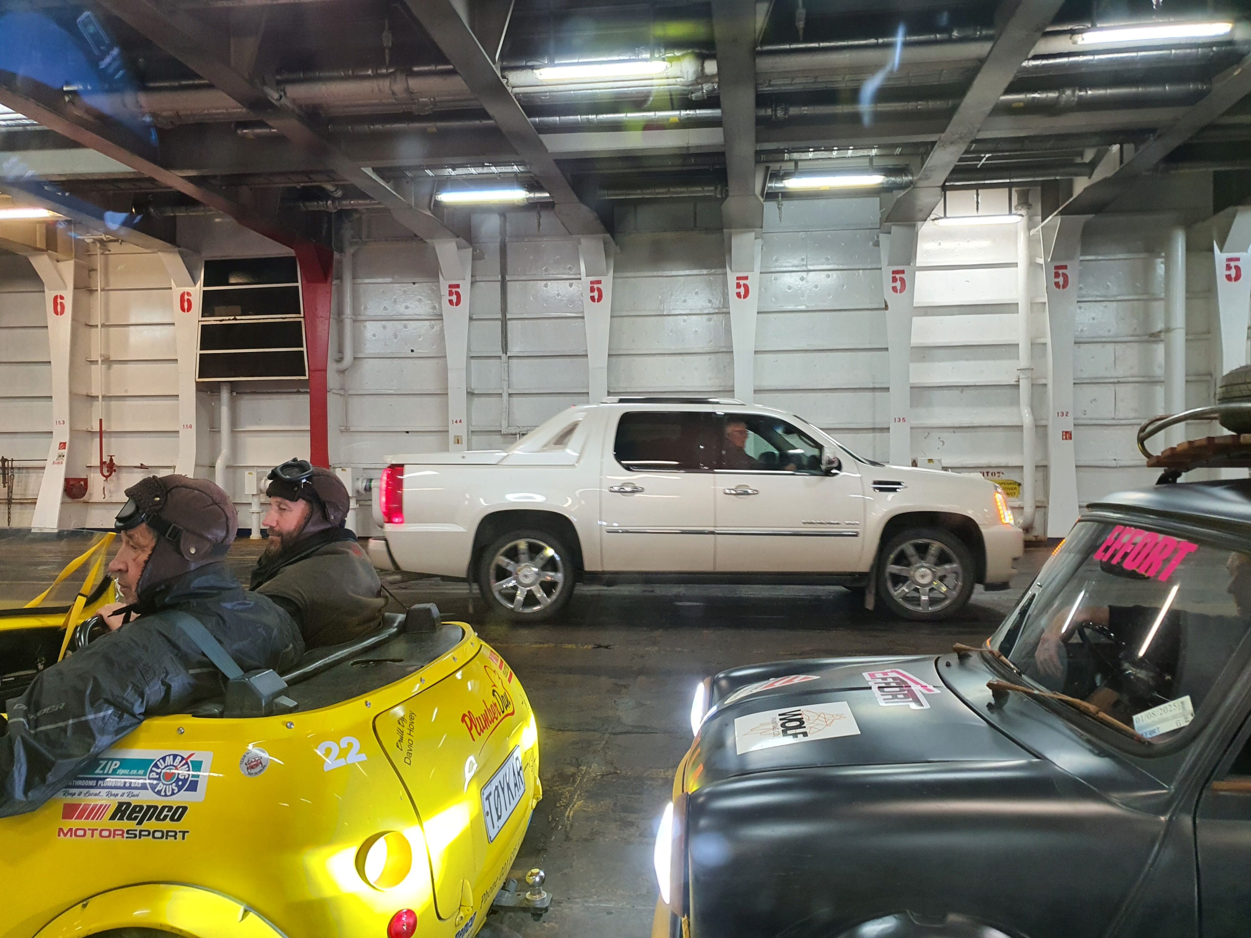 Teams 'Maverick Maniacs' and 'Effort' wait to disembark the Bluebridge Cook Strait Ferry at Picton on the 2025 Pork Pie Charity Run.