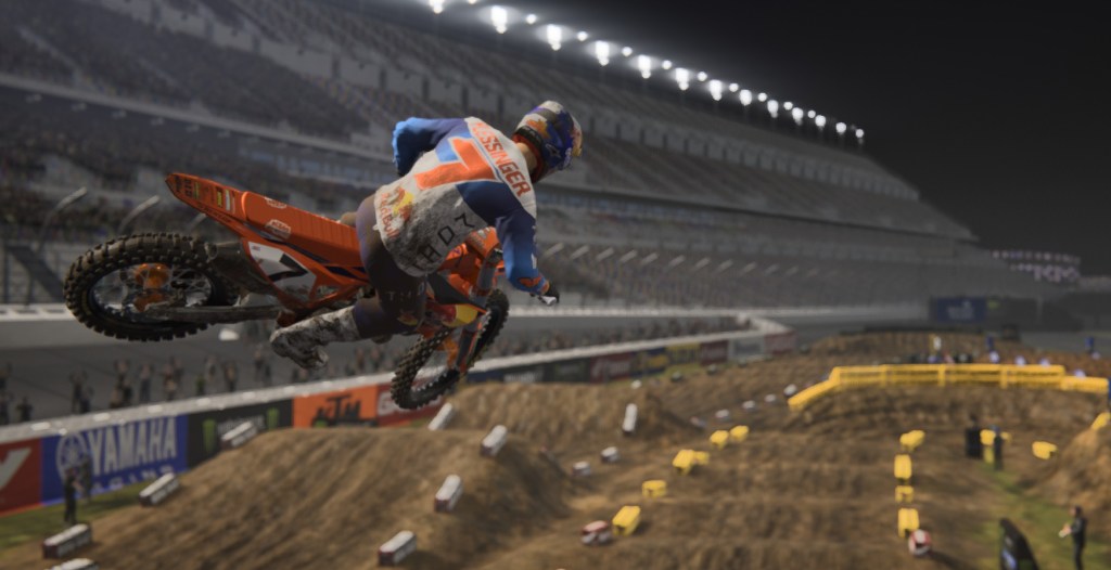A gameplay screenshot of Monster Energy Supercross 25 in Daytona Beach