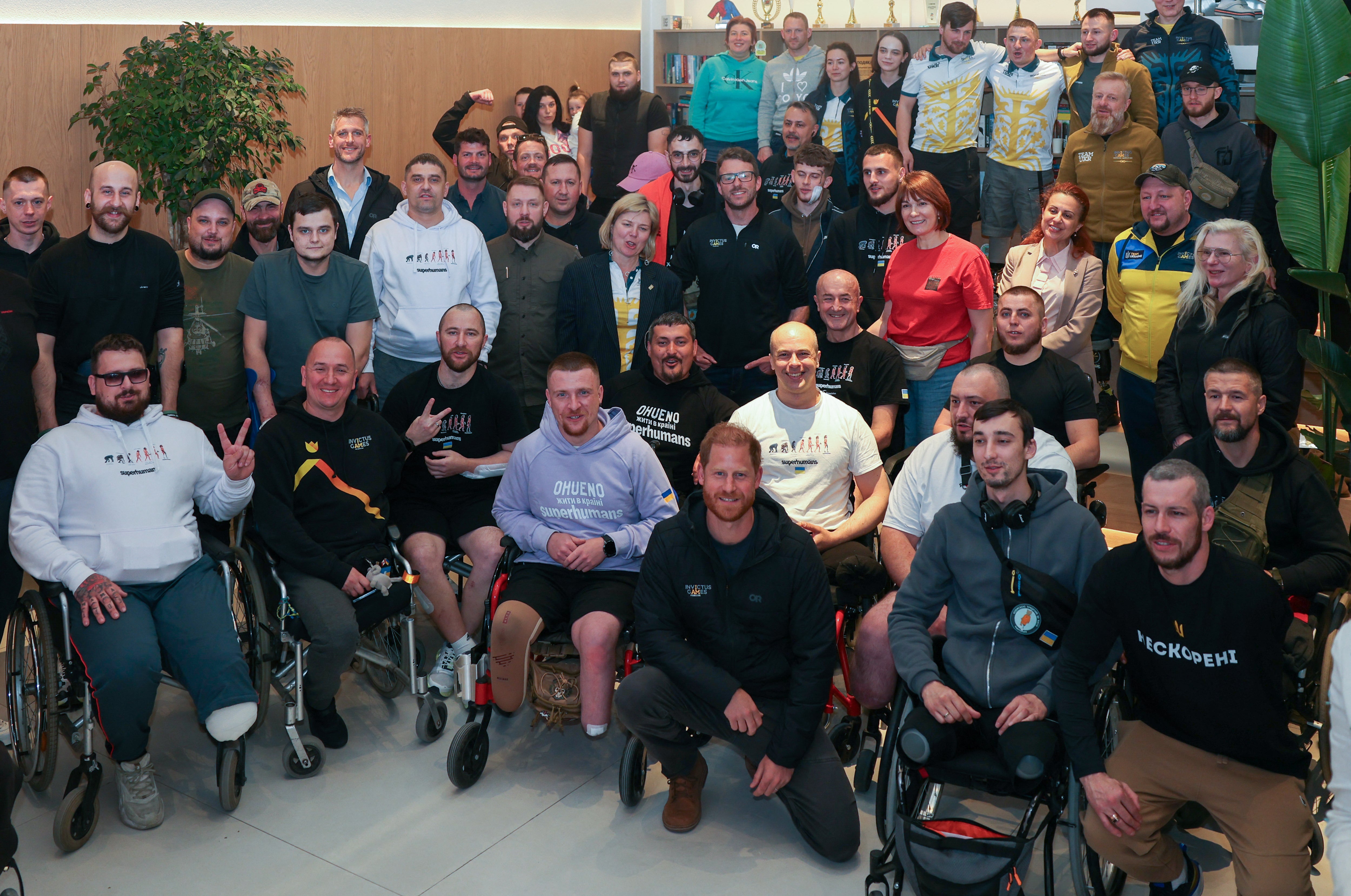 Prince Harry poses for a photograph during a visit to the Superhumans Centre in Lviv