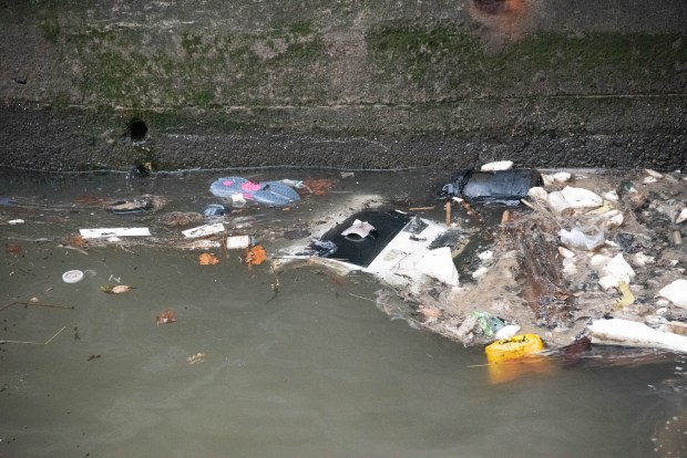 Debris from a helicopter crash is seen in the Hudson River in Jersey City, New Jersey on Thursday, April 10, 2025. (Gardiner Anderson / New York Daily News)